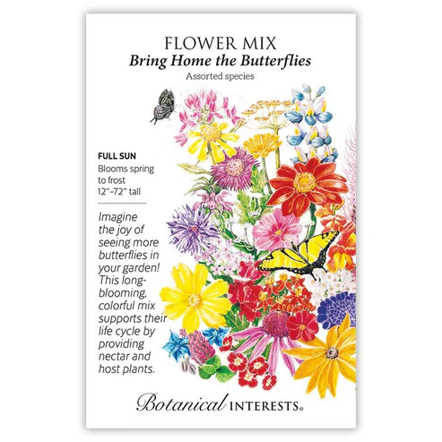 It's easy to convert your garden into a private retreat for butterflies with this mix of annual, biennial, and perennial flowers and herbs! A lovely range of flower colors, heights, and bloom times.
Mix includes:
China Aster
Bishops Flower
Black-Eyed Susan
Borage
Calendula
Balsam
Clover, Crimson
Coreopsis, Lance-leaved
Bachelor's button
Cosmos
Dill
Lemon Mint
Dwarf Lupine
Mexican Sunflower
Parsley
Pincushion Flower
Blazing Star
Purpl