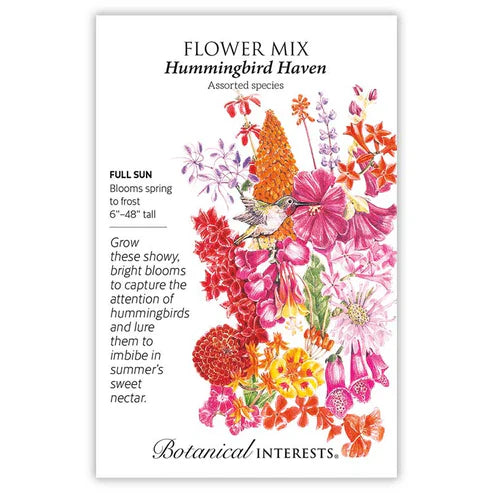 Your garden haven for hummingbirds will not only attract and provide nectar for the tiny, bright creatures, but also present you with a glorious array of vivid floral colors that will last spring to fall for your enjoyment as well. Attracts other pollinators, too! Shake packet gently before opening to ensure even mixture of seeds.
Mix includes:
Bee Balm
Butterfly Weed
Shooting Star Columbine
Coral Bells
Flowering Tobacco
Foxglove
Godetia
Dark Colors Hollyhock
Lupine